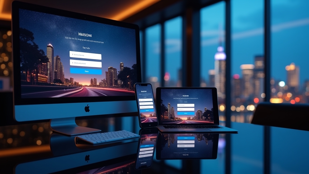 Desktop, phone, and tablet showing a casino login page in dark lighting