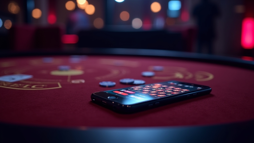 Smartphone showing a casino app download screen in a dark neon casino setting