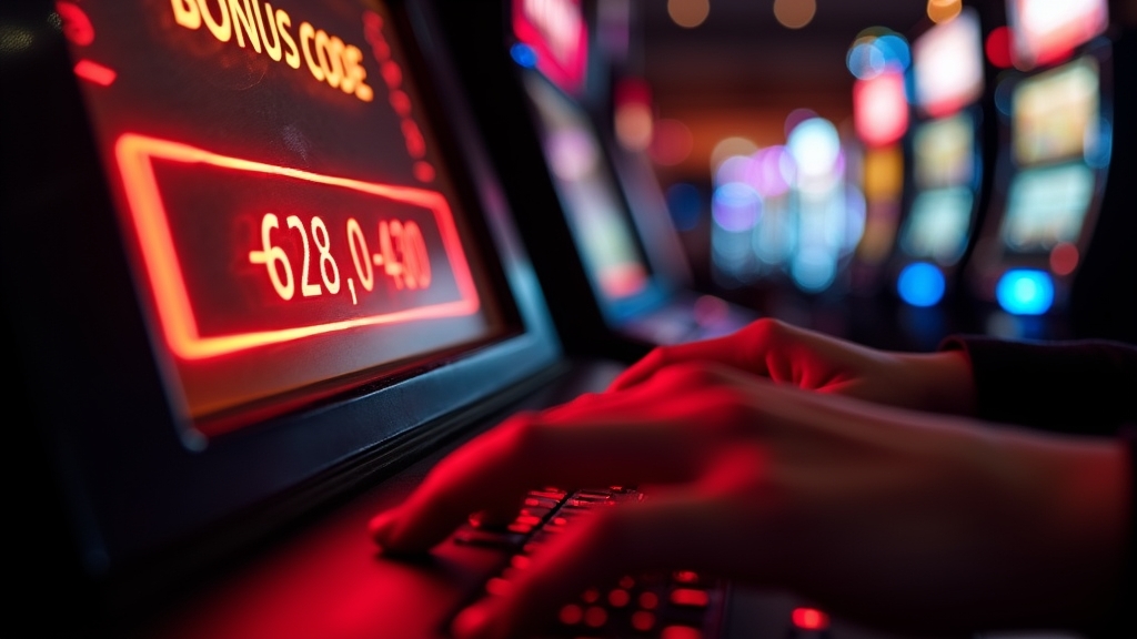 Bonus code entry screen in a dark casino cashier area
