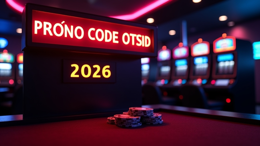 Glowing promo code banner in a dark casino with slot machines and chips