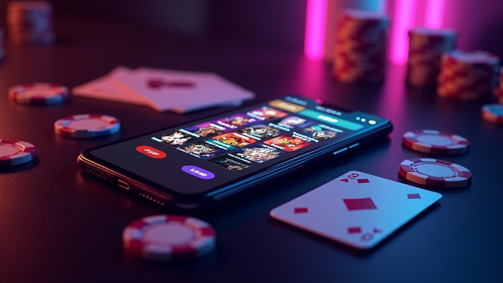 Smartphone displaying a smooth casino app interface with neon casino lighting
