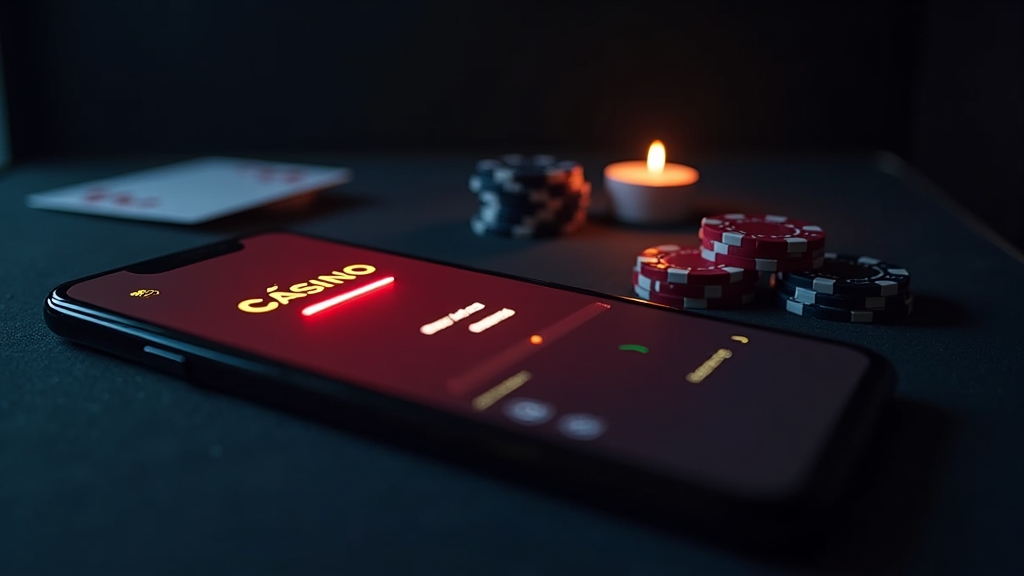 Smartphone showing a casino login screen with chips in a dark casino scene