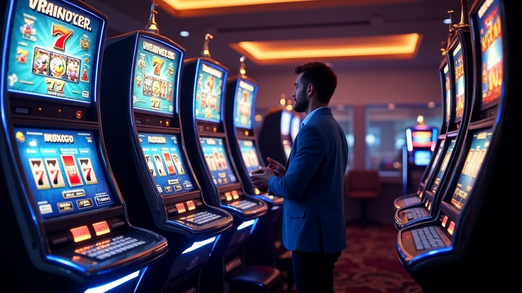 Slot machines with different features shown in a dark casino setting for safe demo testing