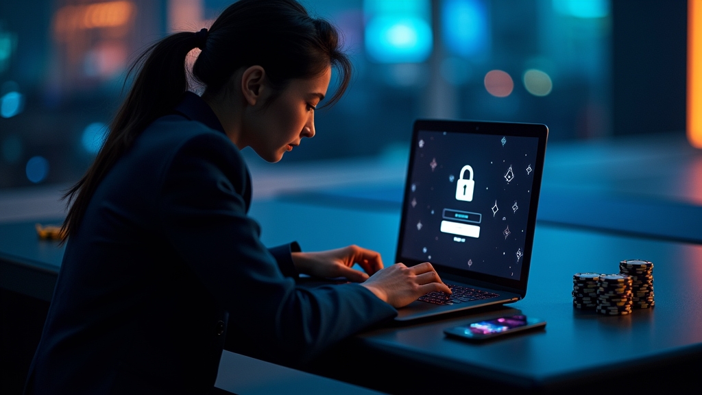 Player checking casino login screen on a laptop in a dark neon-lit room