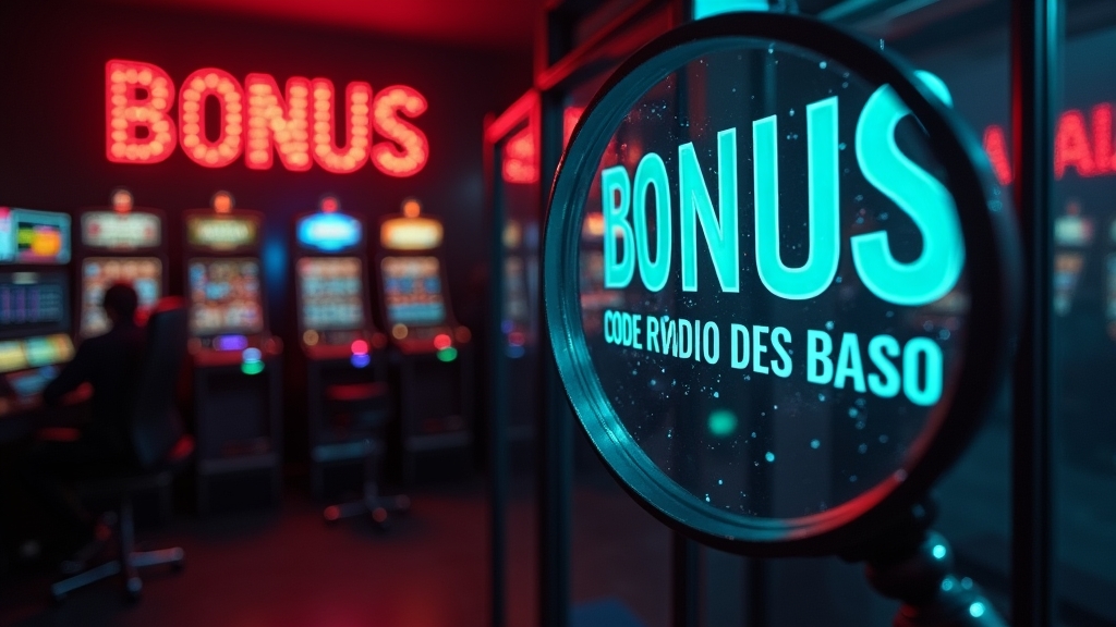 Bonus code verification scene with glowing promo banners in a dark casino